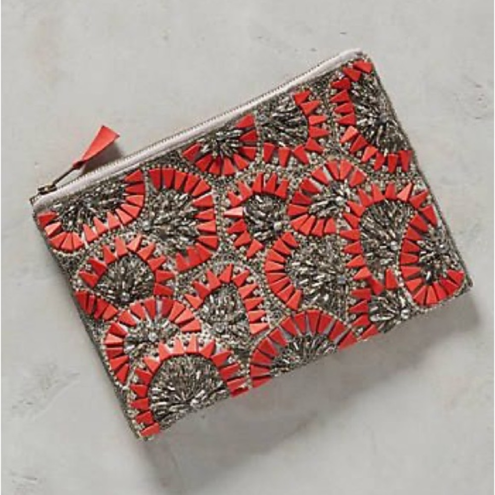 ANTHROPOLOGIE Silver With Red Stones Clutch Pouch